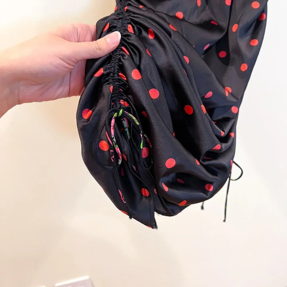 For Love & Lemons Black Satin Floral Bow Polka Dot Cutout Bodycon Midi Dress S - Picture 6 of 12